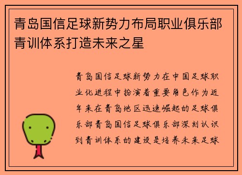 青岛国信足球新势力布局职业俱乐部青训体系打造未来之星