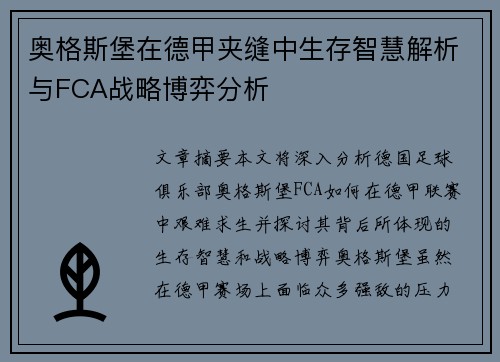 奥格斯堡在德甲夹缝中生存智慧解析与FCA战略博弈分析