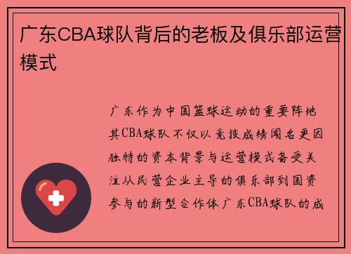 广东CBA球队背后的老板及俱乐部运营模式